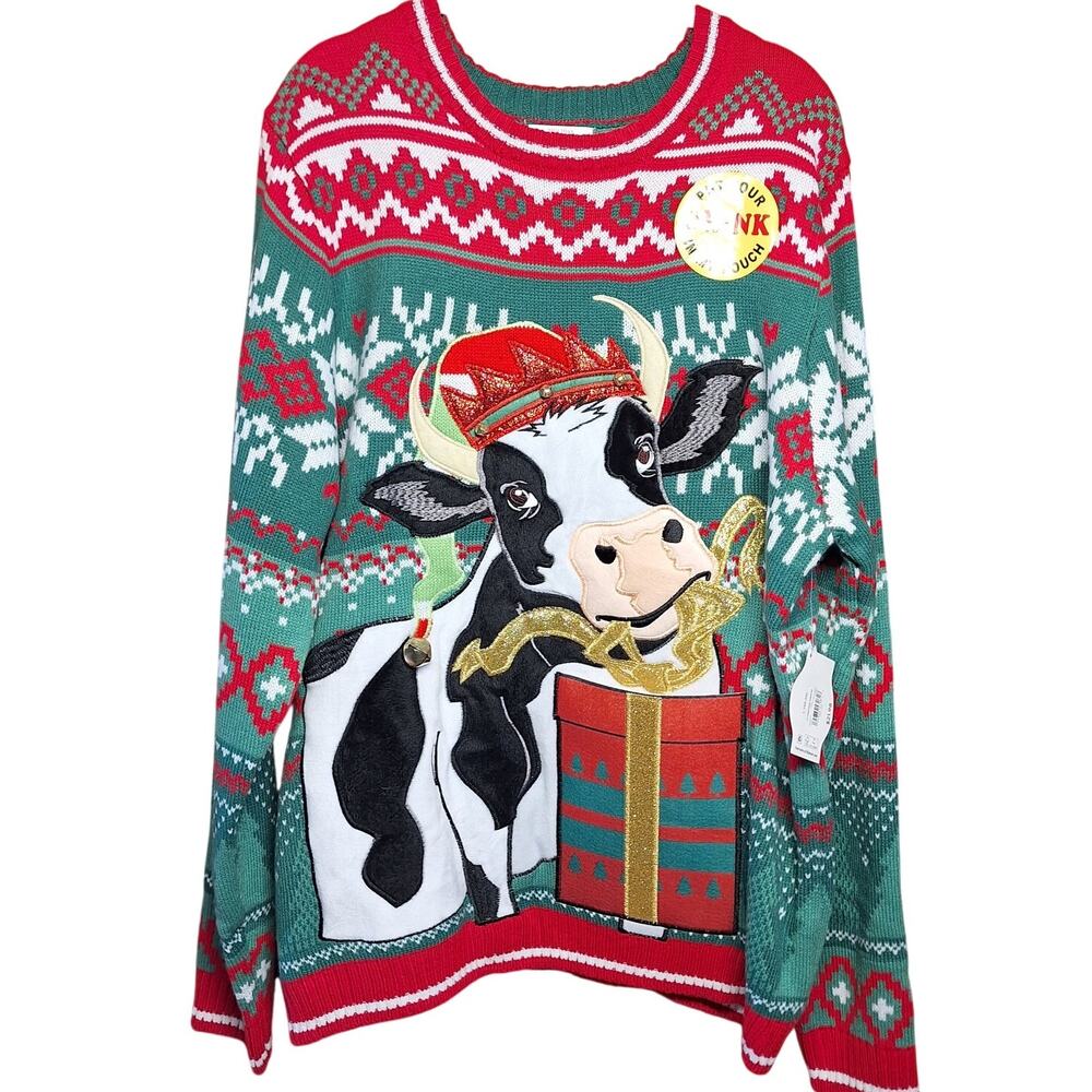 Holiday Time NEW Christmas cow ugly sweater mens L drink pocket bells work party